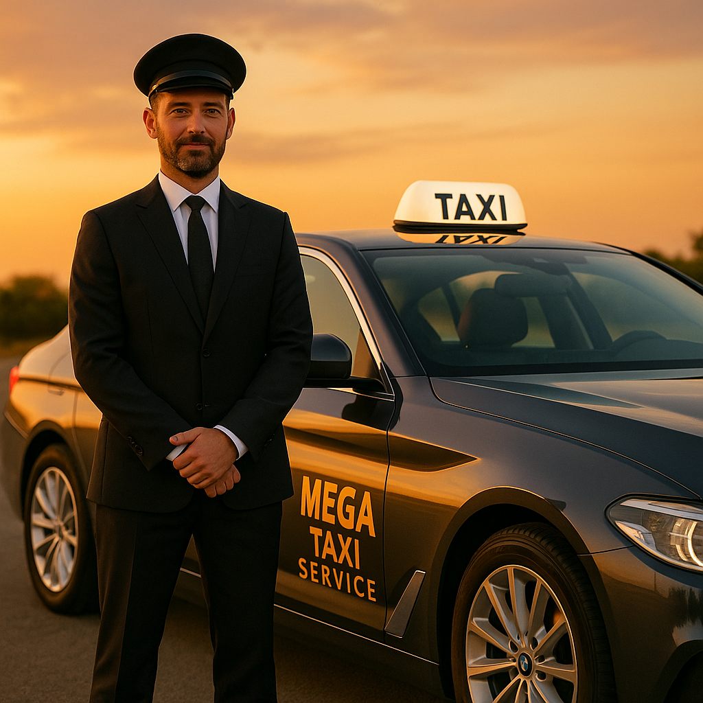 A professional Mega Taxi Service driver with a clean, modern car.