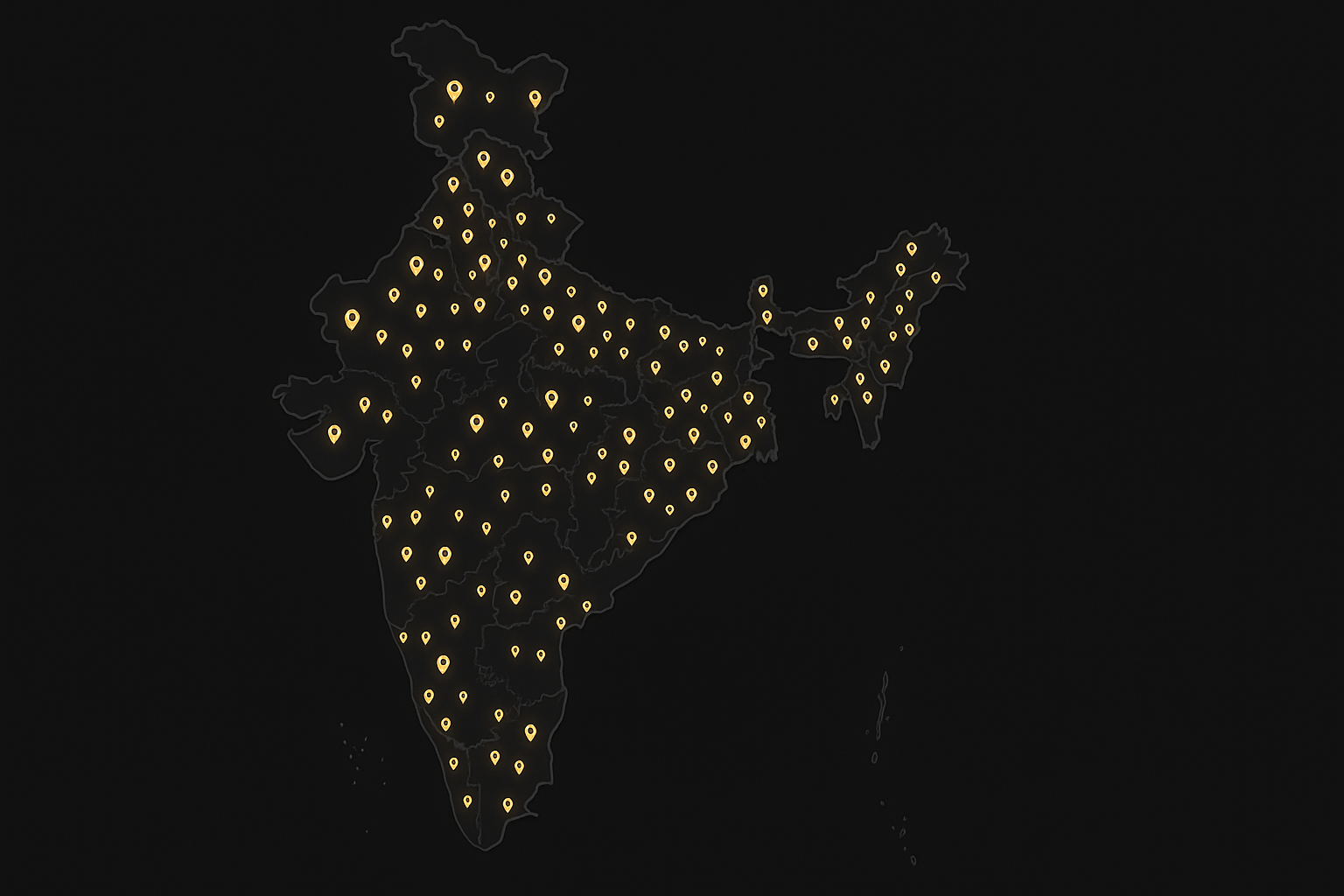 A map of India showing service coverage in over 100 cities